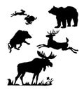 Black isolated silhouettes of wild animals European and North American forests on white background